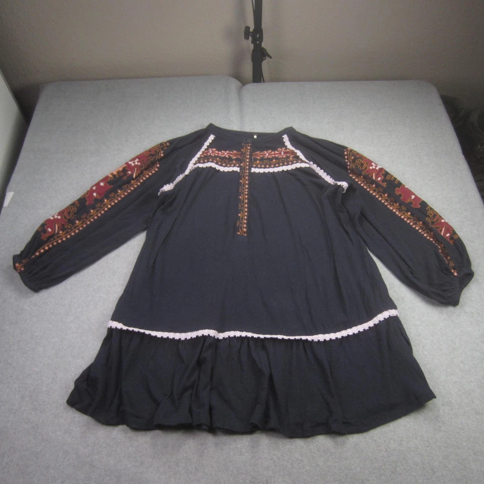 Free People Dress Womens Medium Navy Embroidered Boho Peasant Mini Drop Waist - Image 3 of 4