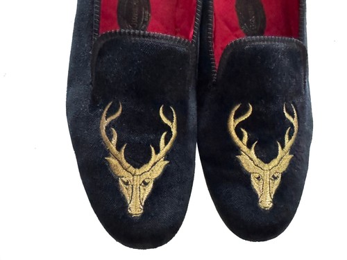 OSOEASIE Vintage Albert Pantofole Nero Velluto Oro Cervo Ricamo Uomo 9UK 10 US - Foto 6 di 17