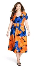 Tabitha Brown Target Tie Back Floral Dress Orange Blue, Size 14