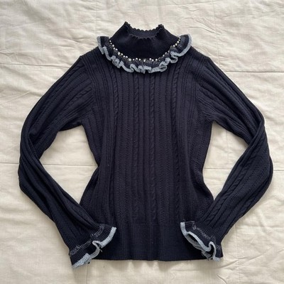 Axes Femme Navy Cable Knit Mock Neck Ruffle Sweater Size M Japan
