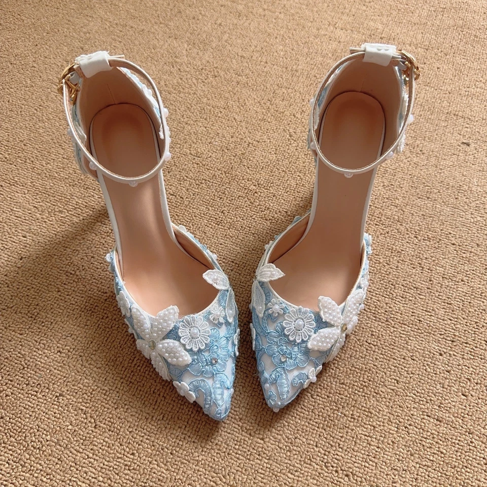 Light blue lace pearl flower pointed-toe ankle-strap high-heeled women's sandals - Image 3 of 4