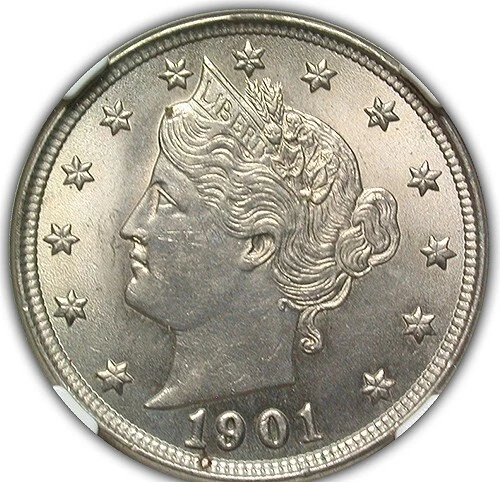 1901 LIBERTY "V" NICKEL NGC MS 62 NICE LUSTER IN SILVERY BRUSHED NICKEL WITH A