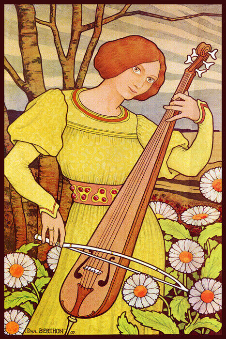 MEDIEVAL ART MUSIC REBEC STRING INSTRUMENT GIRL FLOWERS