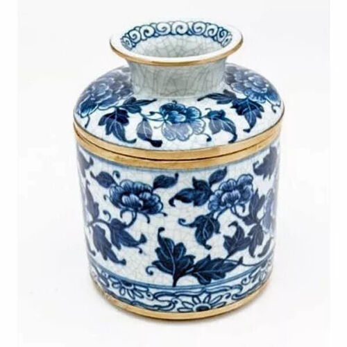 PORCELAIN AND BRASS TRIM BLUE AND WHITE PEONY TISSUE BOX COVER-5'' X 7''H