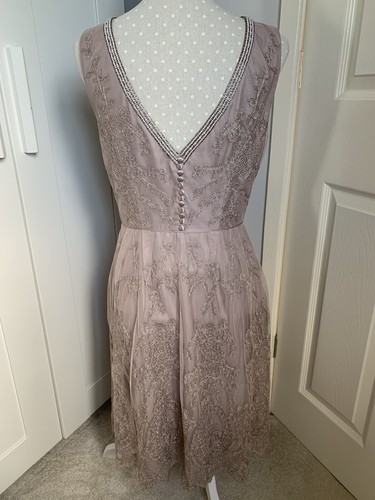 MONSOON BEAUTIFUL TAUPE LACE OVERLAY SLEEVELESS BEADED OCCASION DRESS SIZE 12 - Picture 2 of 17