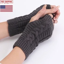 Women Winter Long Half Finger Fingerless Gloves Arm Hand Warmer Knitted Mittens