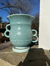 VTG Crown Devon Turquoise Double Two-Handled Floral Vase 7" Tall  EUC QUIRKY!!