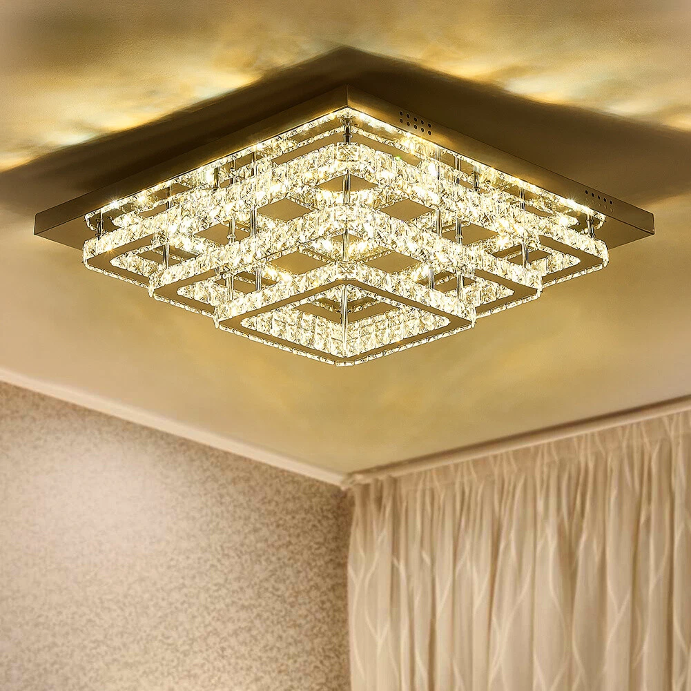 Modern Square LED Chandelier Lamp Crystal Shade Flush Mounted Ceiling Light Home