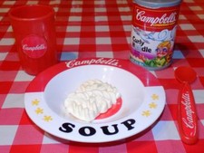 Campbell's Play Food Lot Curly Noodle soup Bowl Spoon Cup Realistic RARE HTF
