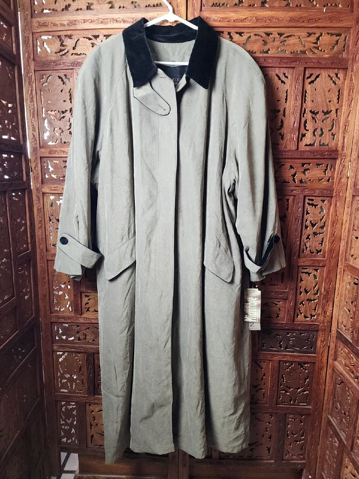 VTG Anne Klein Velvet Collar Trim Flannel Lined Long Trench Coat Womens 24 NWT