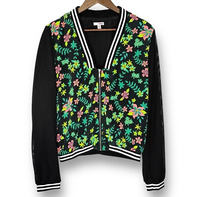 NWOT Bongo Jacket Large VTG Y2K Floral Black White Bomber Varsity