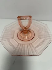 Vintage Etched Floral Tulips Pink Depression Glass Handle Tidbit Serving Dish
