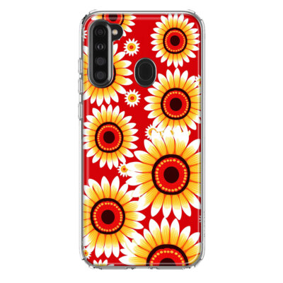 For Samsung Galaxy A21 Shockproof Hybrid Case, Sunflowers Polkadot Red