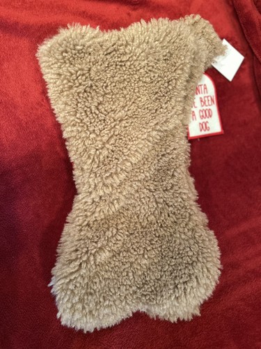 NWT Pet Dog Bone Christmas Stocking Soft Furry Brown W/ Red Bow Hanging Stocking - Picture 2 of 2