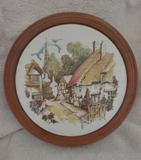 Ceramic and Hand Turned Wood Pot Stand/Wall Plaque , Cottages Scene, Used