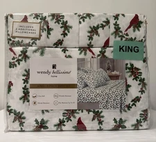 Wendy Bellissimo King Size 6pc Sheet Set Winter Holiday Cardinals Holly Berries