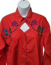 Rodeo Women's Western Shirt L Red Long Sleeve Button-Up Appliqué Choker Vintage