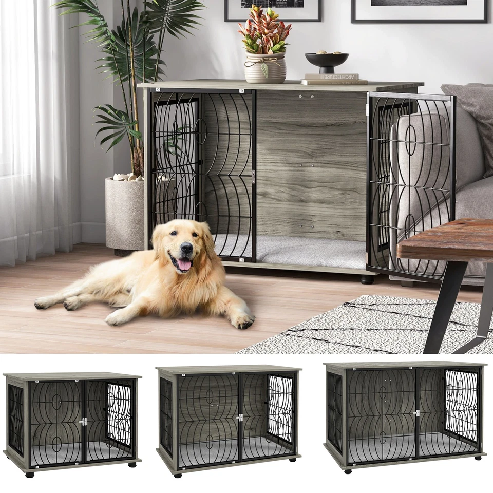 PAWHUT Dog Crate Furniture End Table Indoor w/ Lockable Door, Plush Cushion