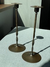 Roycroft Copper 12.5” Candlesticks Original Brown Patina Signed Matching Pair