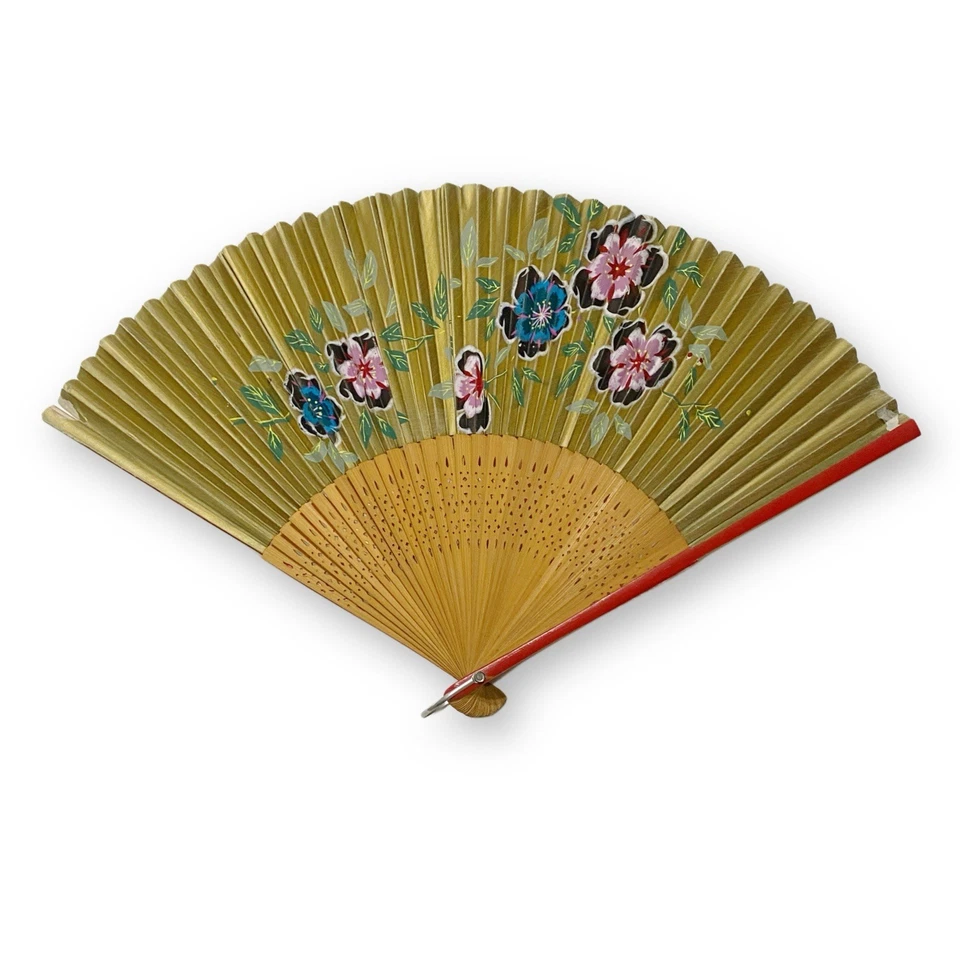 古董 Sensu 手绘金色花卉纸红色竹子折叠手扇 — 第 2/4 张图片