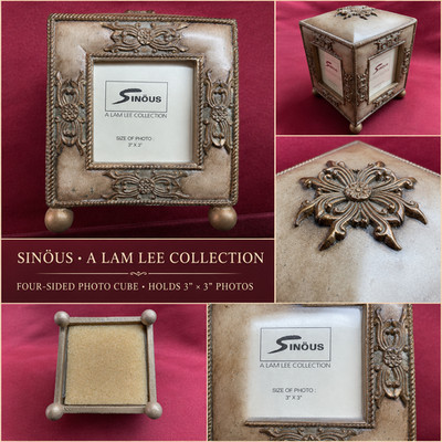 New Old Stock Sinous Lam Lee 4-Sided Photo Cube Frame 3x3 Ornate Gold