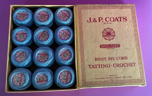 Vintage J&P. Coats Tatting Thread  Original Box Twelve 35 yd. Balls  #8 Blue