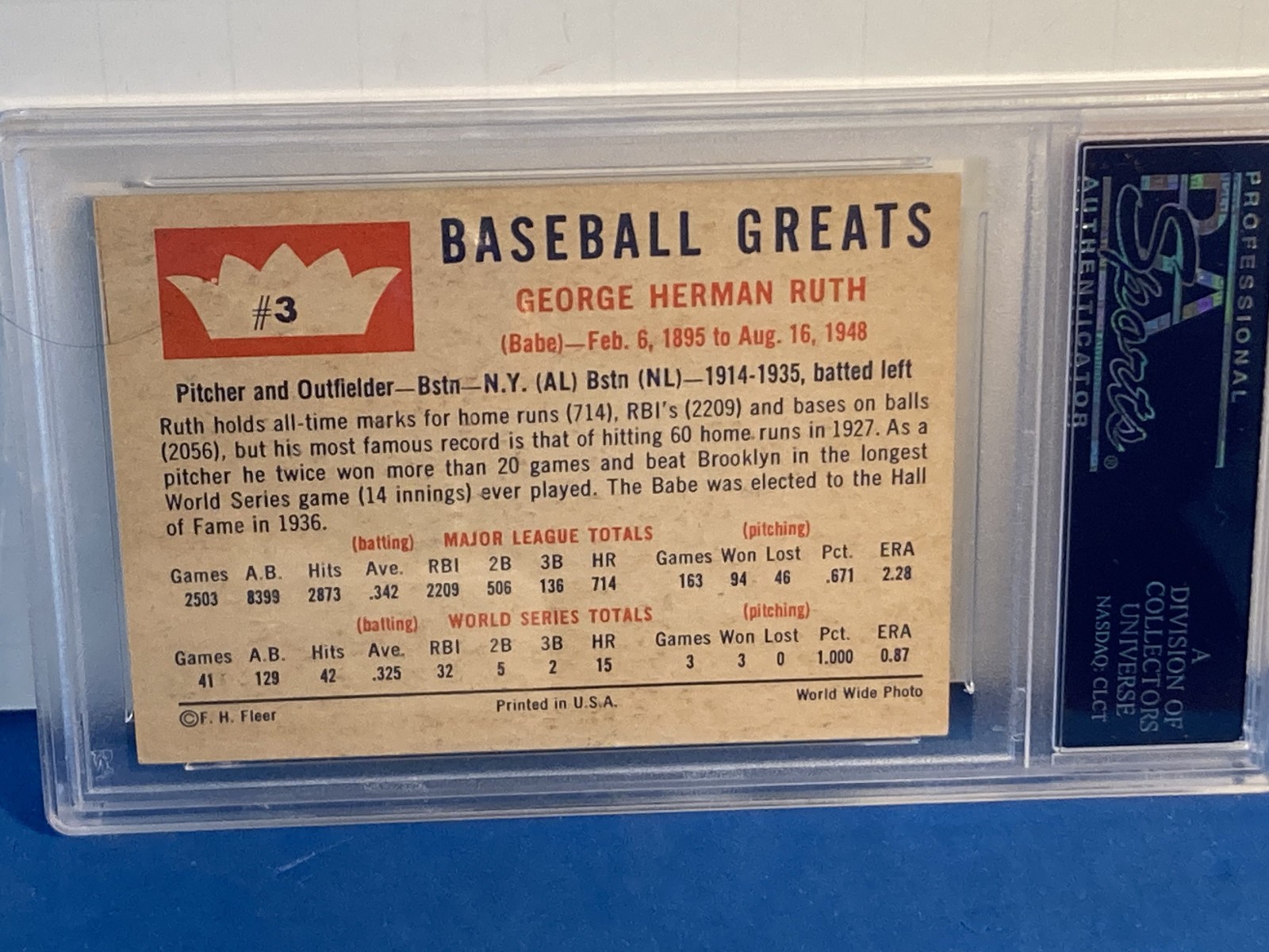 1960 Fleer Baseball Greats #3 Babe Ruth Card - PSA 7 NM view 2