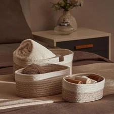 Set of 3 Small Cotton Rope Storage Baskets Woven Organizer Bins Nursery Bathroom