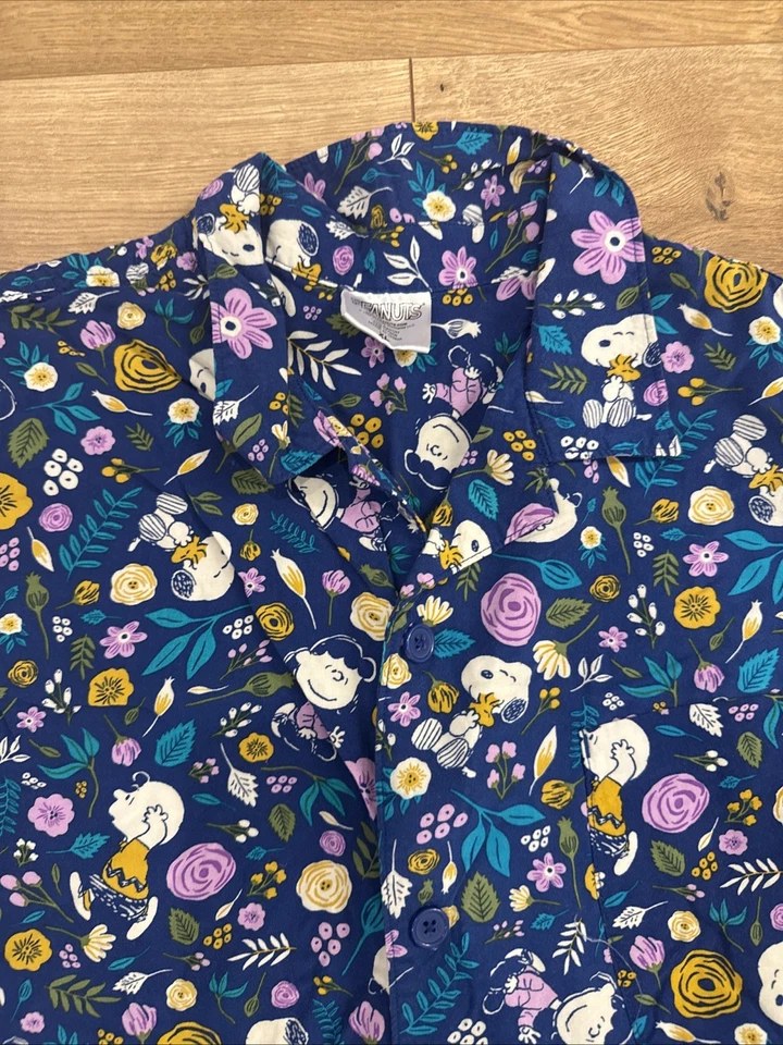 Snoopy Peanuts Hawaiian Shirt Button Up Tropical Camp Size XL Blue Mens Rayon - Image 2 of 4