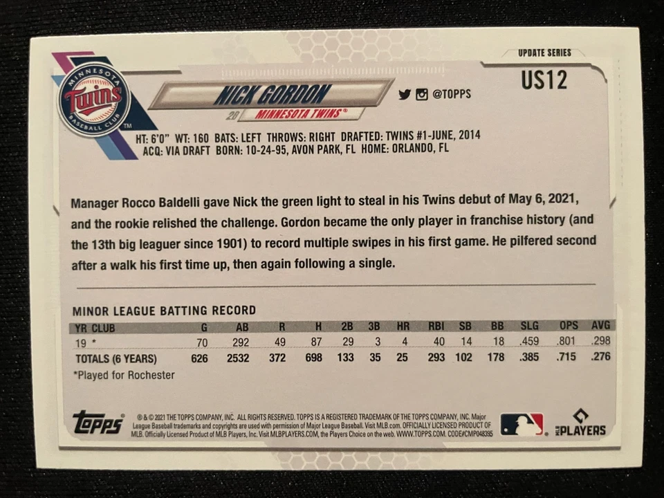 Nick GORDON RC 2021 Topps Update Series #US12 Minnesota Twins - Image 2 of 2