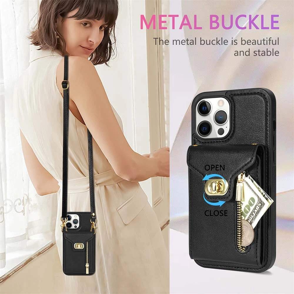 Leather Phone Wallet Case for iPhone 15 Pro Max 14 13 12 with Crossbody Strap