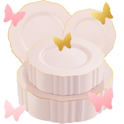 WDF 100pcs Pink Plastic Plates - High-end Baroque Design - Pink and Gold Plat...