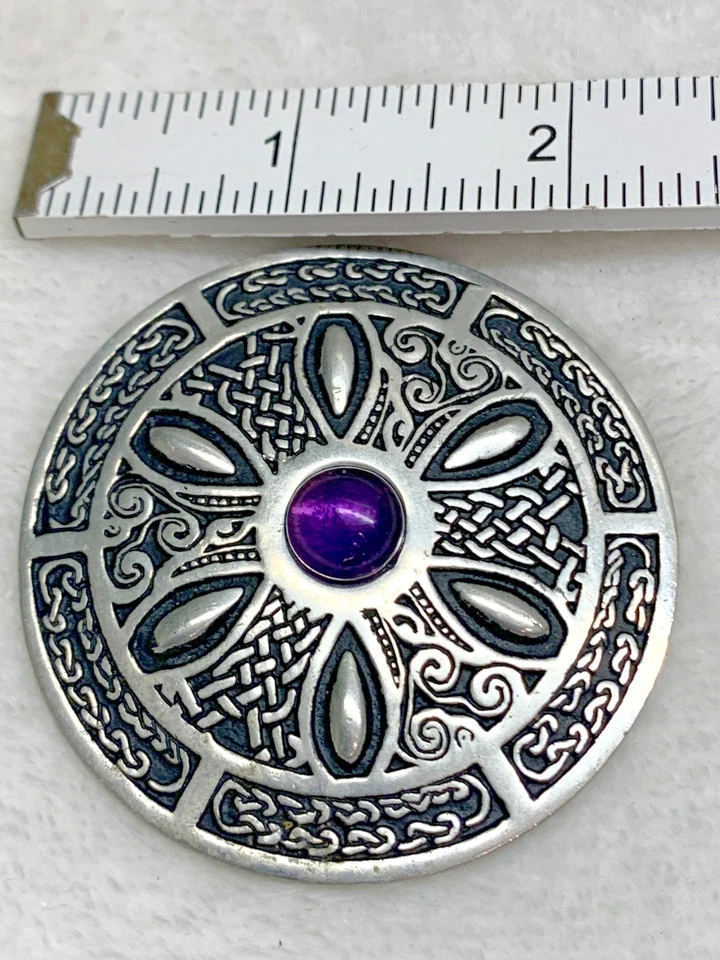 St Justin VTG Pewter Celtic Wheel Brooch Purple Stone in Centre 2” Ireland R5 - Image 4 of 4