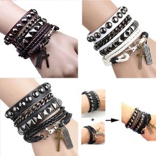 Cool Men Punk Rock Multi-layer PU Leather Cuff Bracelet Wristband Adjustable US