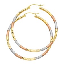Gold 14K Tri Color Gold 2mm Tube Diamond Cut Hoop Earrings