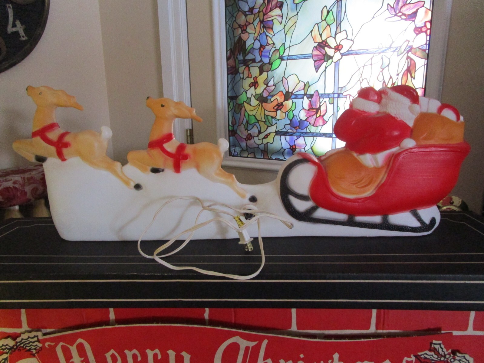 Santa Blow Mold Sled Set w/ Reindeer 32" Union Vintage Christmas Light