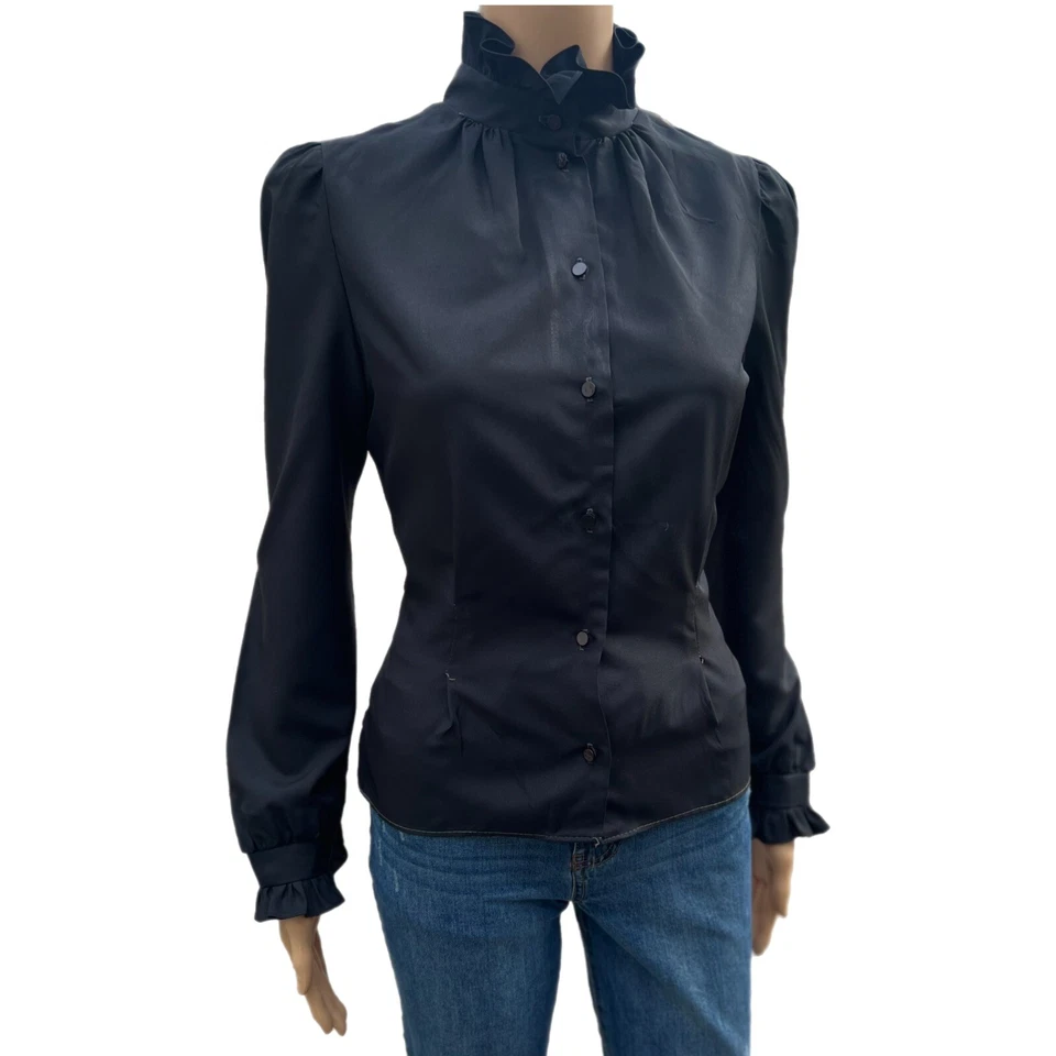 Blusa de Colección La Bene de Gasa Cuello con Volantes Años 70 Negra Camisa con Puños con Volantes - Talla S Foto 4 de 4