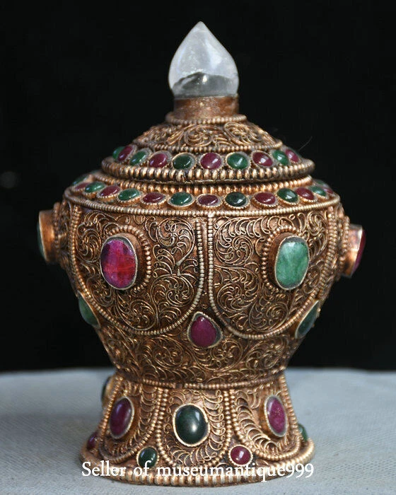 Tarro tarro olla de ofrenda templo religión filigrana cristal del Tíbet antiguo de 5,2" Foto 3 de 4