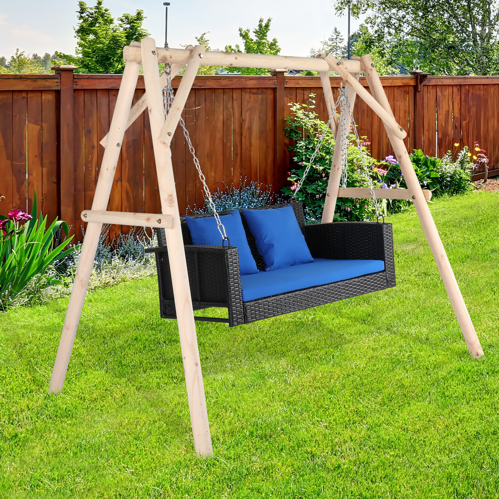 2-Person Patio PE Wicker Hanging Porch Swing Bench Chair with Soft Cushion