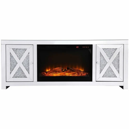 Elegant Decor Modern 59" Clear Silver Mirrored Faux Log Fireplace TV Stand - Picture 5 of 10