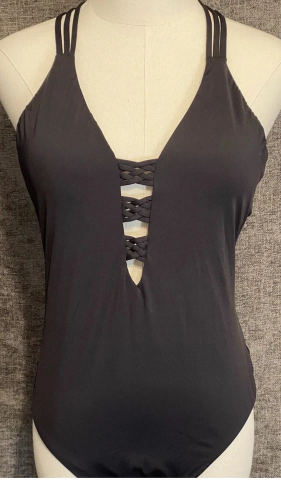 Traje de baño Bar III para mujer atardecer sólidos con tiras de una pieza negro mediano nuevo Foto 2 de 4