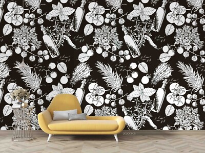 3D Olive Oil Tomato Pattern Black Self-adhesive Removeable Wallpaper Wall Mural