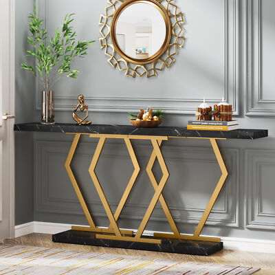 71'' Faux Marble Entryway Table with Gold Meal Base, Long Narrow Console Table