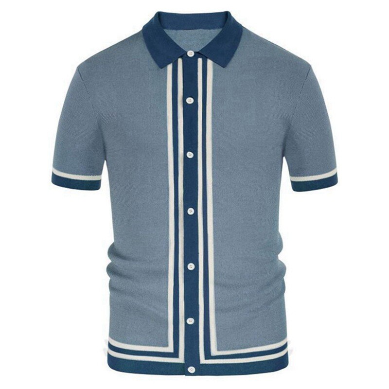 Mens Color Matching Striped Single Breasted Shirts Short Sleeve T Fashion Summer