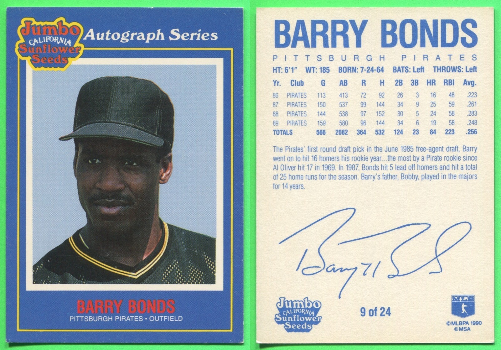 1990 Jumbo California Sunflower Seeds - #9 Barry Bonds - Pittsburgh Pirates (a)