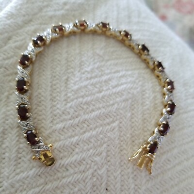 Sterling Silber/Gold Tennis Armband mit schönen Granaten & kleinen Diamanten 7 cm