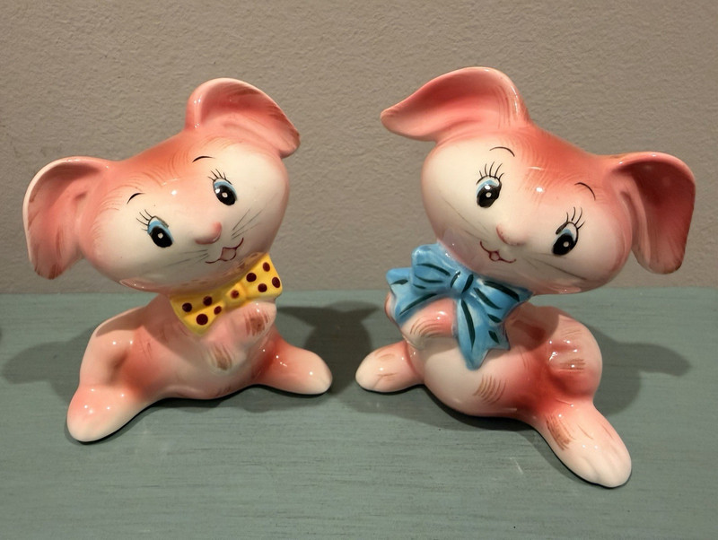 Vintage PY Japan Pink Bunny Rabbit Salt and Pepper Shakers 1950’s MCM *HTF Rare*