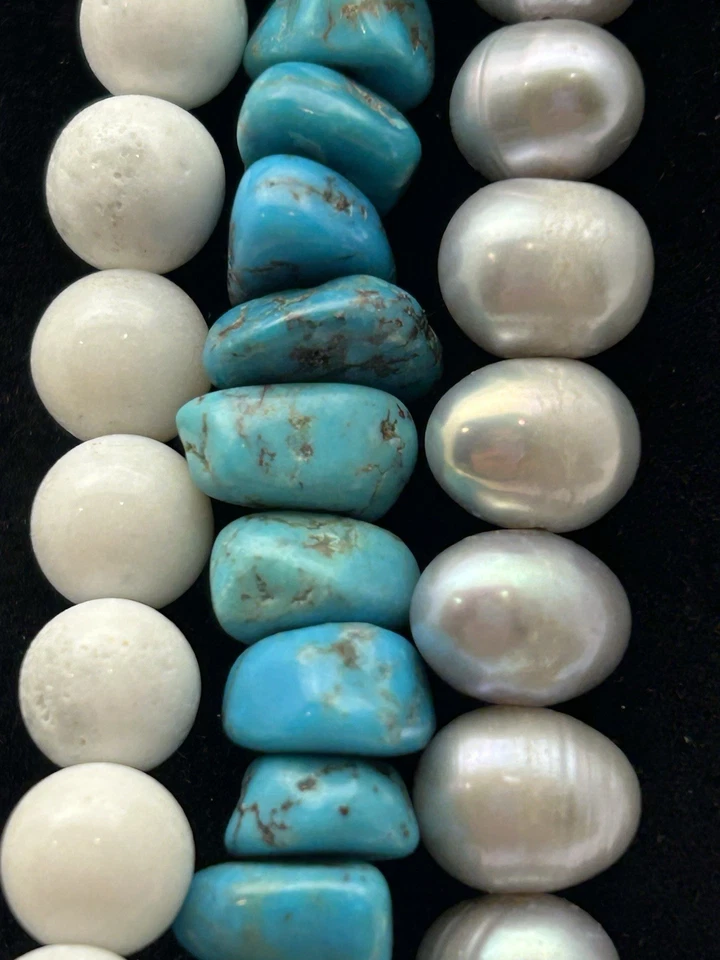 QVC Multi Gemstone Sterling Silver 3 Strand Necklace Cultured Pearls Turquoise - Image 3 of 4