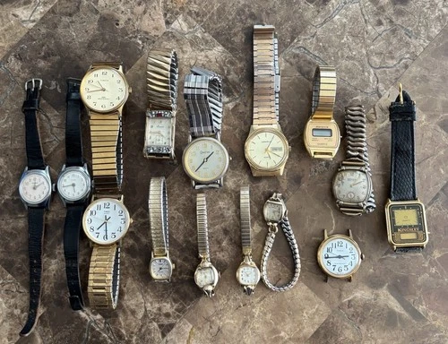 15pc Vintage Watch Estate Lot - BULOVA, TIMEX, PULSAR - Parts Repair Craft