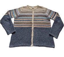 LL BEAN Cardigan Sweater 100 Cotton Coastal Blue Beige 3D Knit Stripe - Medium